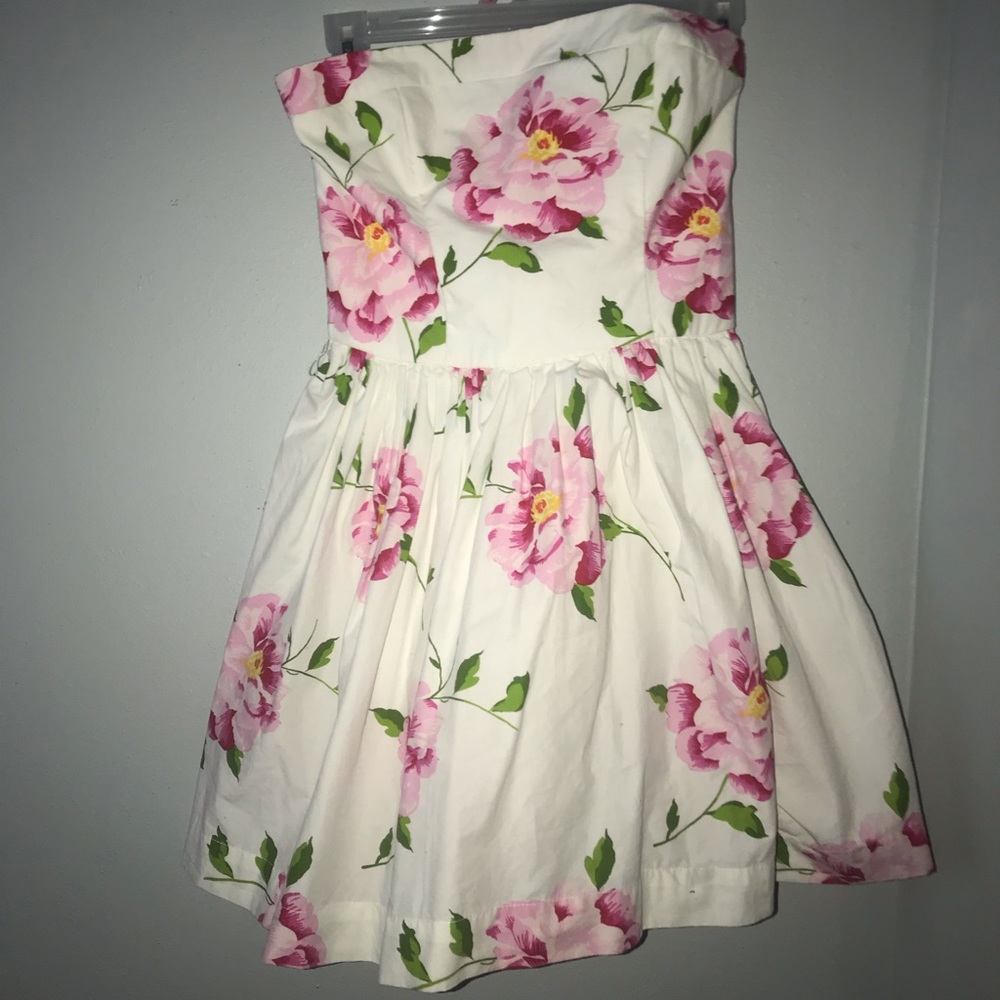 White Strapless Floral Print Dress